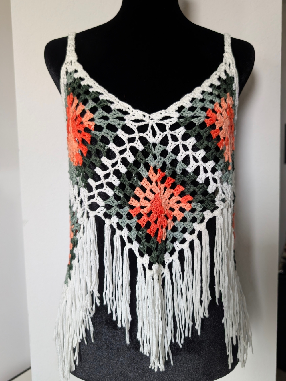 Summer Festival Approved! Crochet Fringe V-Neck Camisole in White, Green & Coral